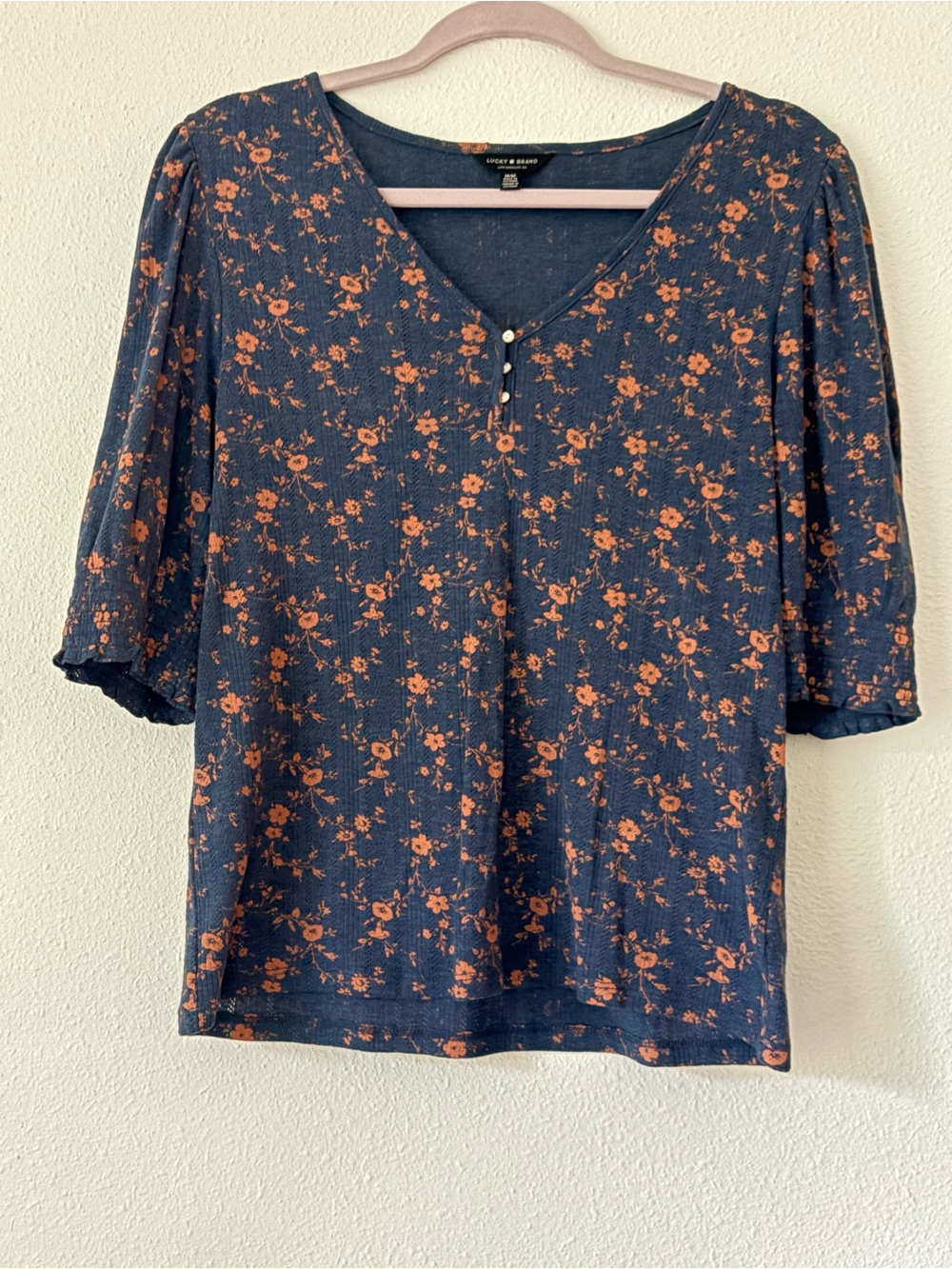 Lucky Brand Navy Top with Coral Floral Print